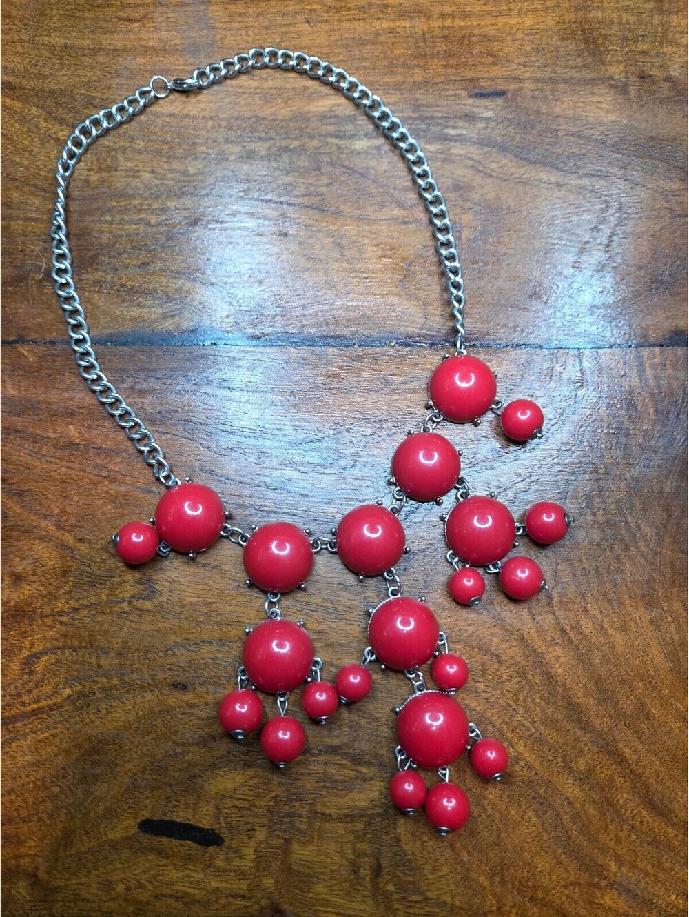 Red Beaded Statement Necklace with Silver Chain